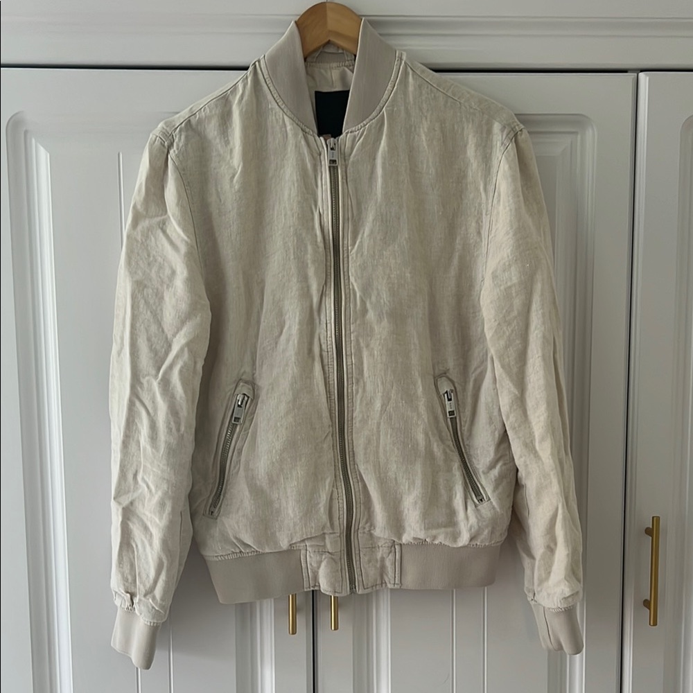 Beige 100% Linen Bomber Jacket